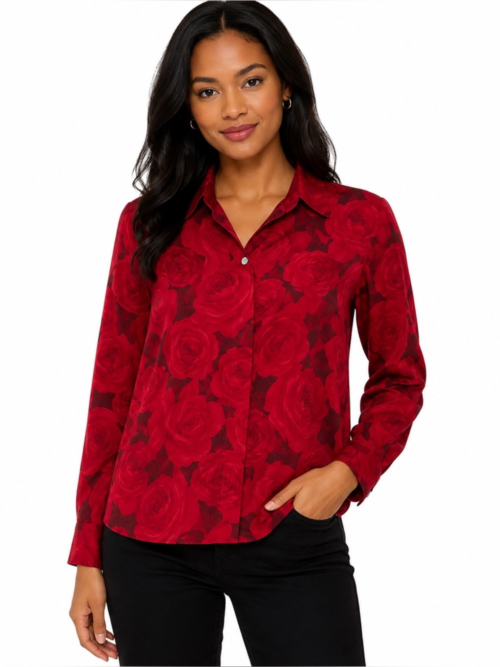 Apostrophe Red Floral Button Down Blouse Long Sleeve Shirt Size 8